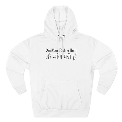 Om Mani Padme Hum mantra hoodie featuring Sanskrit and English spiritual text.