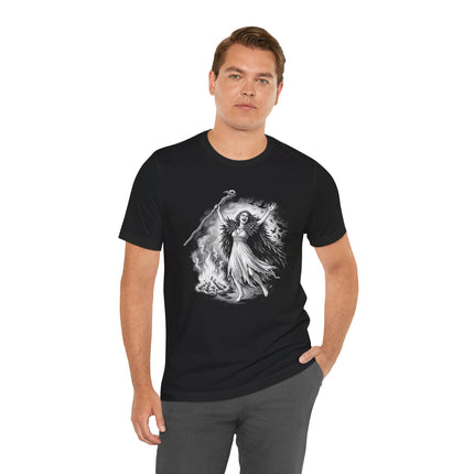 The Morrigan Celtic goddess raven design on a black t-shirt.