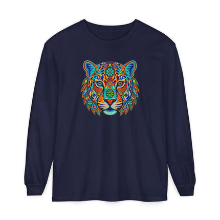 Huichol Jaguar Long Sleeve T-Shirt | Patterned Cat Portrait Tee