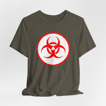 Red biohazard symbol graphic on a brown unisex t-shirt.