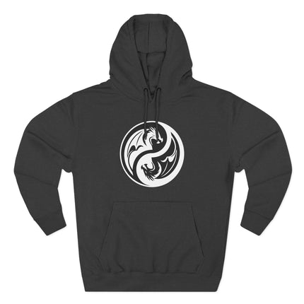 Black hoodie featuring a stylized dragon Yin Yang design symbolizing balance and power.