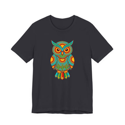 Vibrant Huichol owl graphic tee featuring Mexican folk art on a black shirt.
