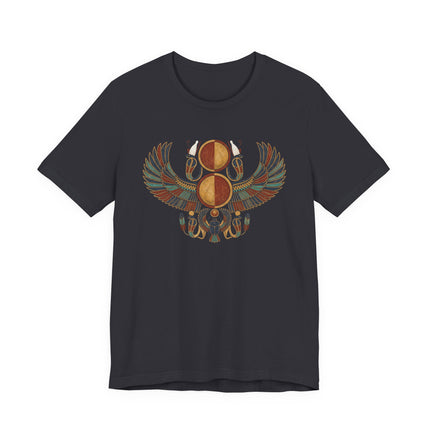 Egyptian winged scarab and sun disk graphic featuring ancient mythology art.