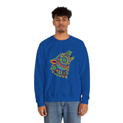Rainbow Huichol tribal art howling wolf graphic on a blue sweatshirt.