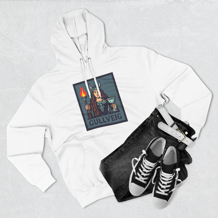 Gullveig Norse goddess art on a white hoodie, featuring a torch and chalice.