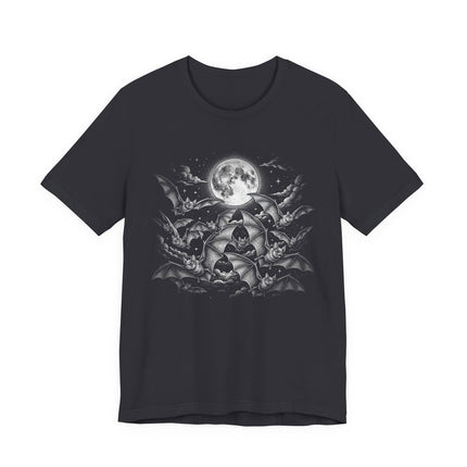 Detailed graphic of bats flying around a full moon under a dark night sky.