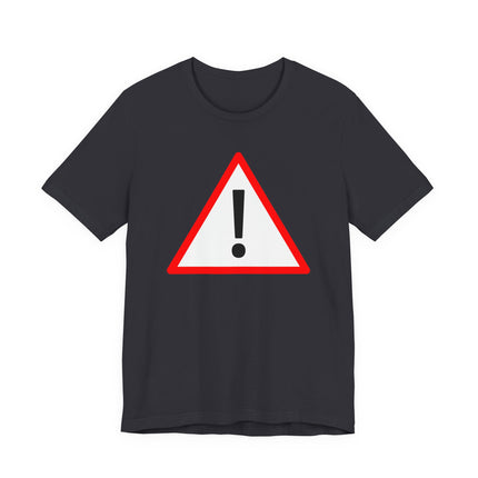 Red warning triangle with exclamation mark on a black graphic t-shirt.