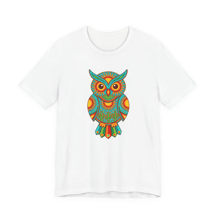 Vibrant Huichol owl graphic tee featuring Mexican folk art and bohemian desert style.