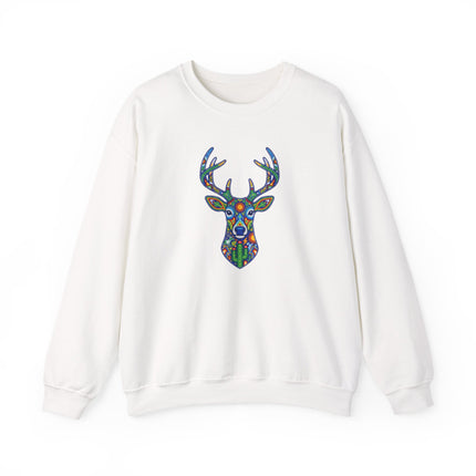 Geometric Huichol deer symbol pullover featuring vibrant Mexican folk art and geometric patterns.