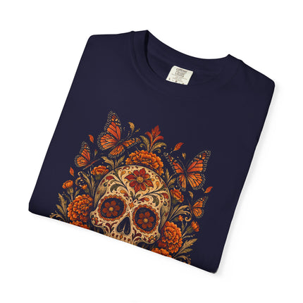 Skull with Marigolds and Butterflies T-Shirt | Floral Calavera Art