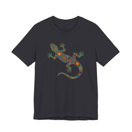 Vibrant Huichol art lizard graphic tee featuring Mexican indigenous folk patterns.