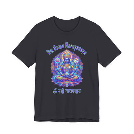 Lord Vishnu meditating graphic on a black tee with Om Namo Narayanaya mantra.