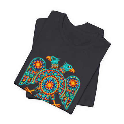 Vibrant double-headed eagle graphic tee featuring Mexican Huichol folk art style.