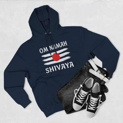 Om Namah Shivaya mantra hoodie featuring the sacred Tripundra design for spiritual Hindu apparel.