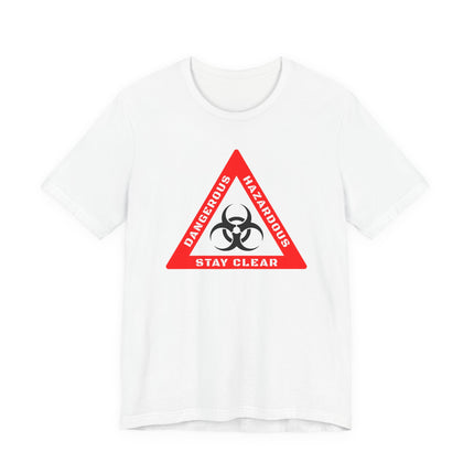 Biohazard warning graphic tee with red dangerous and hazardous triangle sign.