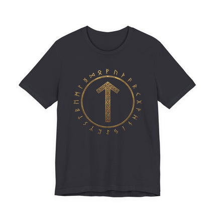 Black t-shirt featuring the Tiwaz rune and Elder Futhark circle design, a Norse mythology tee.