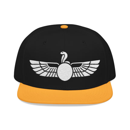 Black snapback hat with white embroidered Egyptian winged Uraeus symbol.