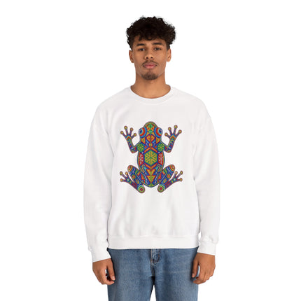 Huichol-style geometric frog graphic on a white unisex sweatshirt featuring vibrant Mexican indigenous art.
