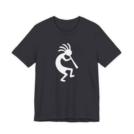 Kokopelli flute player silhouette graphic on a black unisex t-shirt.
