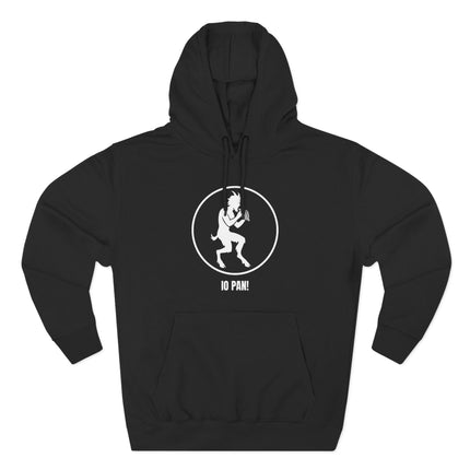Pan satyr playing flute graphic with "IO PAN!" text. Greek mythology design.