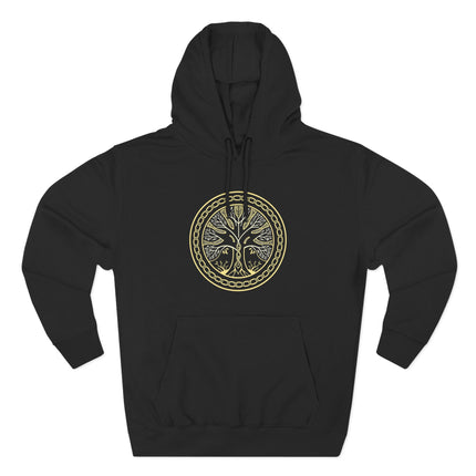 Golden Yggdrasil World Tree design on a black Norse mythology hoodie.