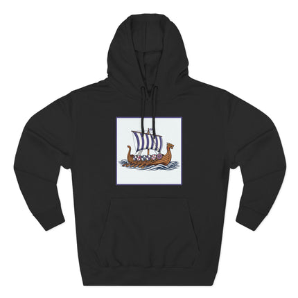 Viking longship graphic with striped sails, perfect for Norse mythology fans.