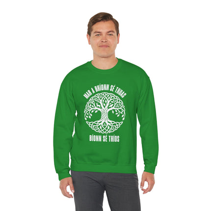 Green Tree of Life sweatshirt with Celtic knot and Irish Gaelic spiritual text.