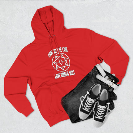 Red occult hoodie featuring the Love Is The Law sigil and Thelema text.