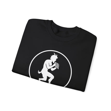 Satyr Pan silhouette playing a pan flute. Greek mythology graphic design on a black sweatshirt.
