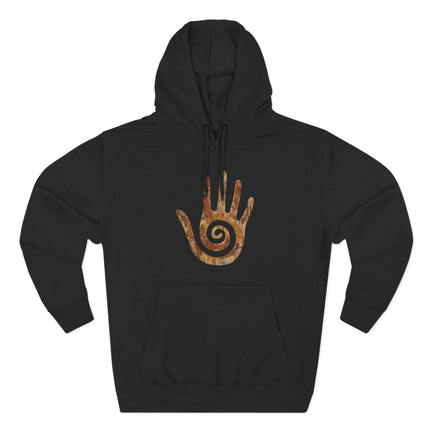 Hopi healing hand symbol hoodie featuring native american spiral protection art.