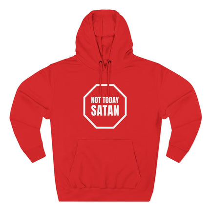 Red hoodie featuring the "Not Today Satan" anti-devil graphic in a white hexagon.