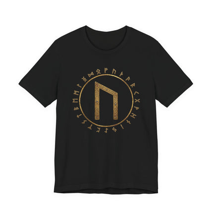 Black tee featuring the Uruz Rune and full Elder Futhark runic alphabet in gold detail.