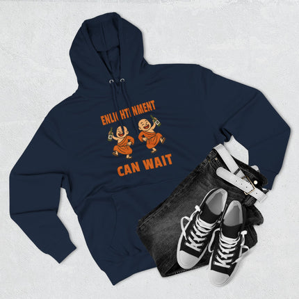Cartoon monks drinking sake on a navy hoodie with "Enlightenment Can Wait" text.