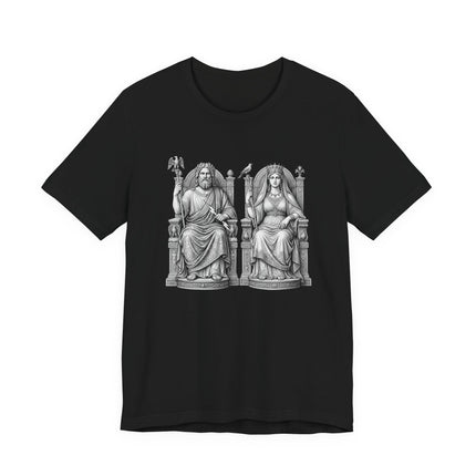 Zeus and Hera Greek gods t-shirt with classical mythological art of Olympus.