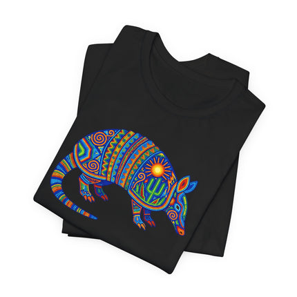 Vibrant Huichol folk art armadillo graphic tee featuring colorful Mexican patterns.