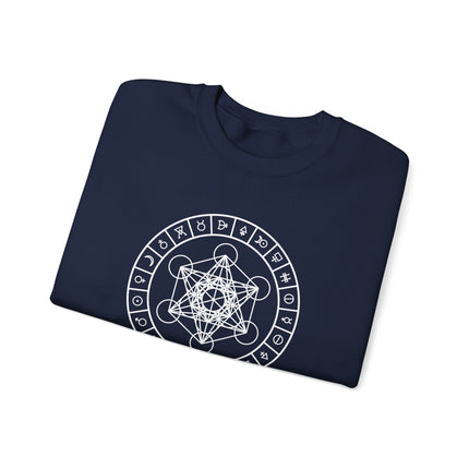 Metatron's Cube and alchemy symbol graphic on a unisex pullover sweatshirt.