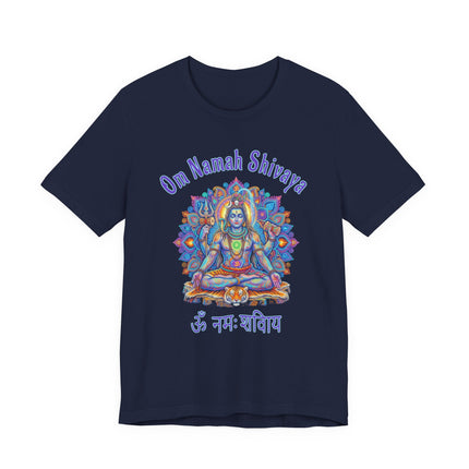 Colorful Lord Shiva mandala t-shirt with Om Namah Shivaya mantra for spiritual apparel.
