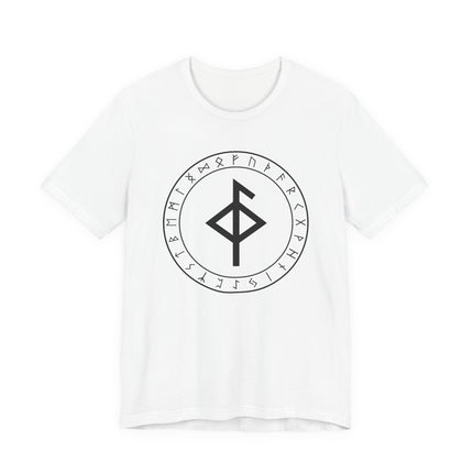 T-shirt featuring Norse runes, Elder Futhark circle, and a central protective bind rune sigil design.