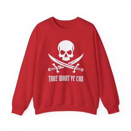 Red sweatshirt with a pirate skull and crossed swords graphic, featuring the text "Take What Ye Can.