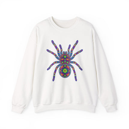 Vibrant tarantula folk art graphic on a white pullover sweatshirt. Huichol style.