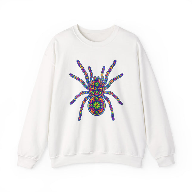 Vibrant tarantula folk art graphic on a white pullover sweatshirt. Huichol style.