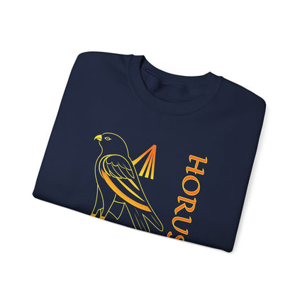 Horus Egyptian god falcon graphic print on a pullover sweatshirt design.