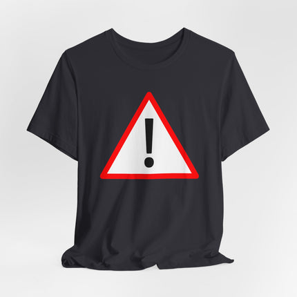 Warning sign exclamation mark graphic tee on a black t-shirt.
