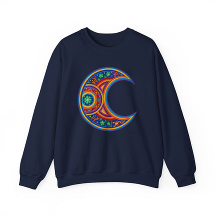 Vibrant Huichol-style crescent moon mandala graphic on a navy sweatshirt.