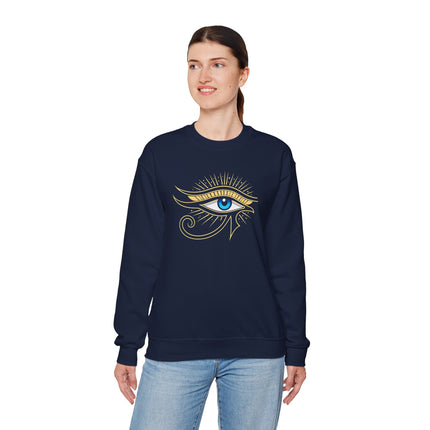 Eye of Ra Egyptian symbol graphic on a navy blue unisex sweatshirt.