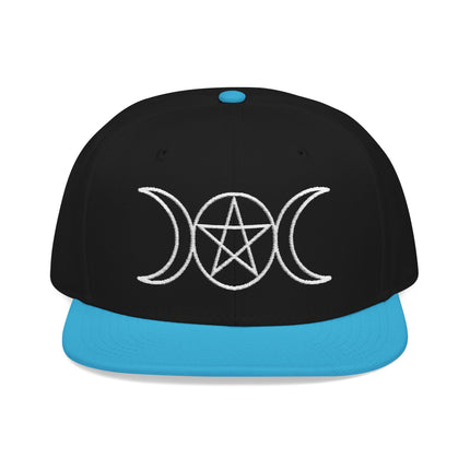 Black snapback cap featuring a white embroidered triple moon and pentagram symbol for wiccan or pagan goddess style.