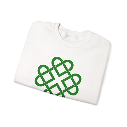 Green unisex sweatshirt featuring a celtic knot heart clover symbolic graphic print.