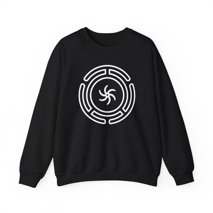 Hekate's Wheel symbol graphic on a black unisex sweatshirt.