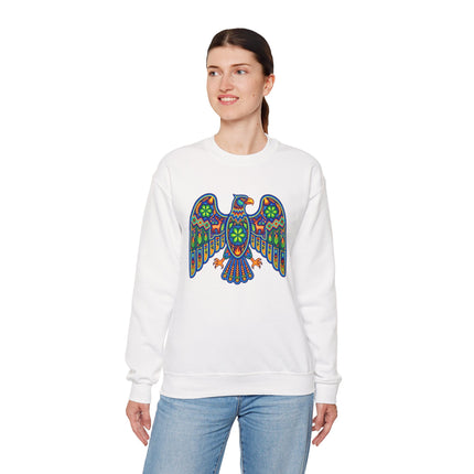 Vibrant Mexican folk art eagle graphic on a white unisex sweatshirt.
