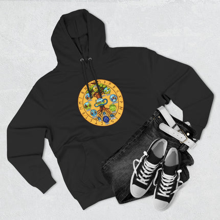 Yggdrasil World Tree graphic showing the Nine Realms and Norse runes on a black hoodie.